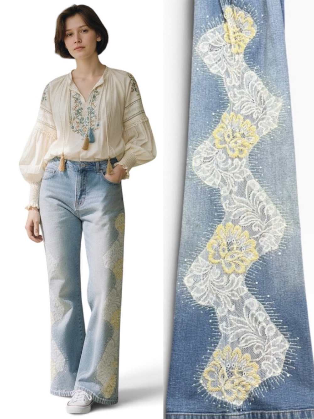 Sassy Thai Bohemian Flared Jeans White & Yellow Lace Applique Size 12